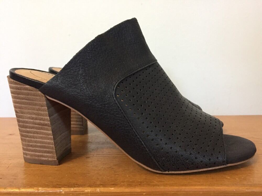 Adam Tucker Mylee Open Toe Slip On Black Leather Stacked Wood Heel High Heel 7.5